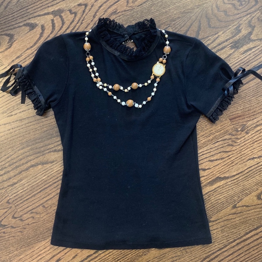 Handmade Shirt w Lace, Pearls & Vintage Watch